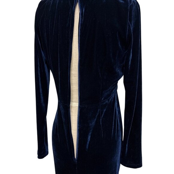 Collectif Vintage Navy Lexie Velvet Maxi Dress L UK 14 Long Sleeve Draped V-Neck - Picture 10 of 13